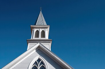 White Church Steeple Against Clear Blue Sky. AI generated image