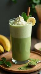 A tall glass filled with a creamy green smoothie made from banana and matcha, topped with whipped cream and garnished with a mint leaf, placed on a wooden tray
