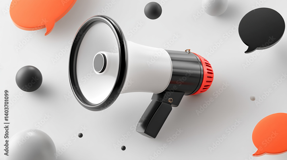 Poster white megaphone with black and red details, surrounded by speech bubbles and spheres, representing c
