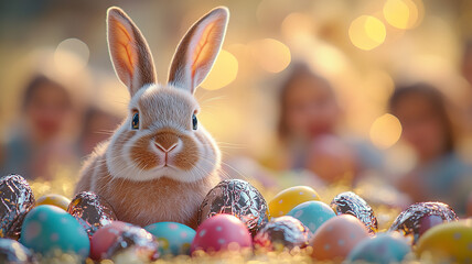 Cute pink stuffed bunny with Easter eggs, a spring holiday celebration object