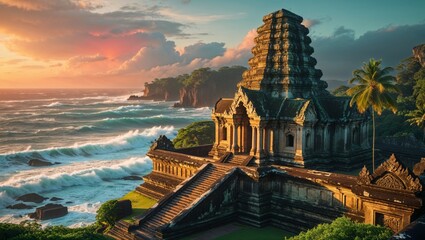 Fototapeta premium A stunning ancient temple stands proudly on a cliff, overlooking the serene ocean at sunset.