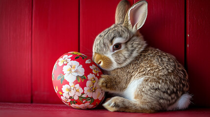 Fluffy white bunny with a cute easter egg