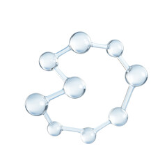 A clear and abstract molecular structure, with transparent spheres and connecting lines, is isolated on a white background