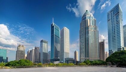 Fototapeta premium skyline showing several prominent buildings and hotels under a blue sky