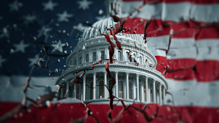 United States Capitol breaking through a cracked american flag, concept of american politics crisis, government shutdown and bipartisan conflict