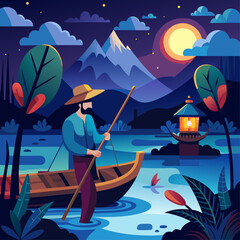 A man is rowing a boat in a lake at night. The sky is dark and cloudy, and the moon is visible in the distance. The man is wearing a hat and he is enjoying the peacefulness of the night
