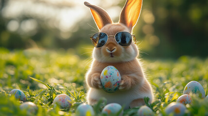 Cute spring holiday decoration: stuffed bunny with colorful Easter eggs