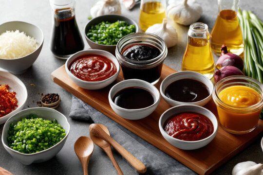 Various condiments and sauces arranged on a wooden board with fresh herbs and ingredients in a modern kitchen setup