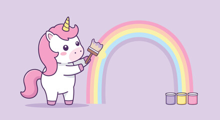 Cute unicorn holding a rainbow in a flat, colorful, whimsical design style vector illustration