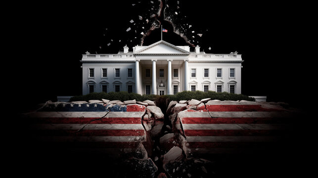 White House deteriorating, fracturing American flag symbolizing national political discord