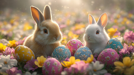 Fluffy white bunny with cute pink ears and two brown easter eggs, a small isolated pet for the holiday