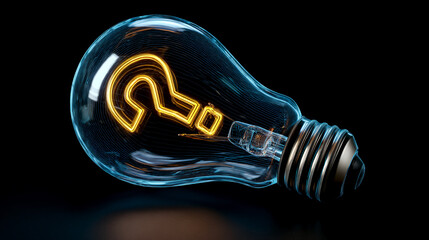 Glass lightbulb with a question mark inside, glowing neon yellow, on a dark background.  Symbolizes questions, inquiry, ideas, problem-solving