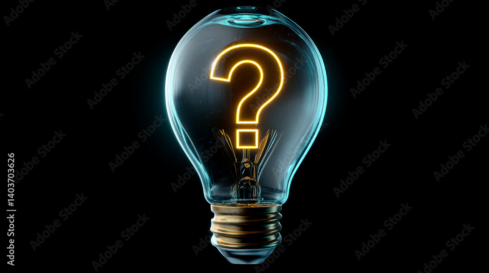 Poster glass lightbulb on black background, showcasing a glowing yellow question mark inside, symbolizing i
