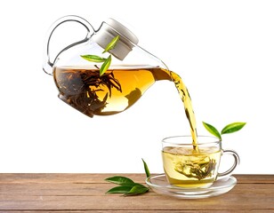 Jug pouring hot tea into glass cup with flying whirl green tea leaves in the air