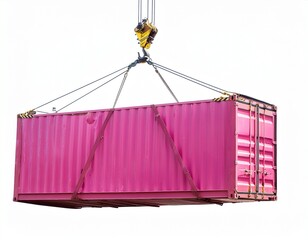 empty pink shipping container with removed side wall during transportation with crane hook isolated on transparent or white background