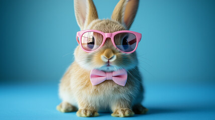 Fluffy white bunny with easter eggs and a pink bow, an isolated adorable pet