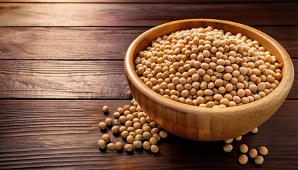 dry soybeans in a wooden bowl free space for text