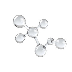 A close-up of a molecule structure with clear, transparent spheres and rods connected, evoking a sense of interconnectedness and scientific exploration. The image is clean and minimalist.