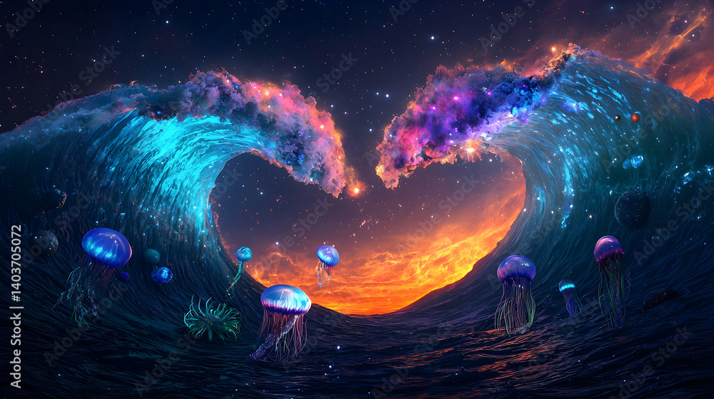 Poster pixelated waves forming heart shape with glowing jellyfish and colorful sky in a digital art composi
