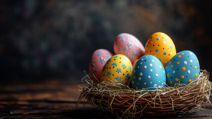 Colorful painted easter eggs in a basket and nest are a traditional spring holiday decoration