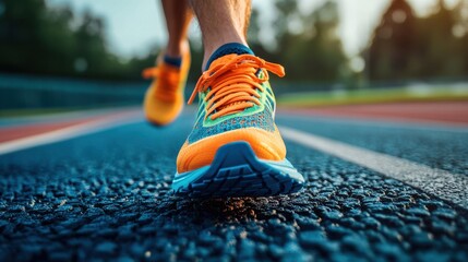 Close-up of vibrant running shoes on a track.