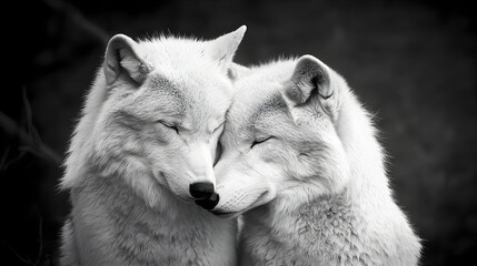 Obraz premium Two White Wolves Close Up Intimate Portrait