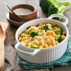 Mac and cheese in a baking dish with steamed broccoli