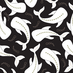 seamless repeat pattern with graceful white paint whales on a black beak ground perfect for fabric, scrap booking, wallpaper, gift wrap projects