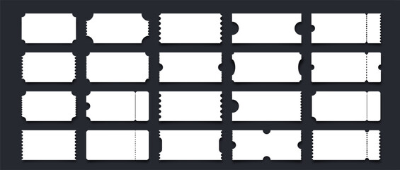 Ticket mockups. Paper coupons. White different ticket shapes template with rectangular, rounded, perforated edges for text, movie, concert, voucher, admission cards. Vector collection