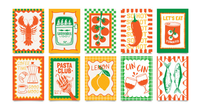 Food posters. Abstract kitchen card. Dolce Vita culinary composition with pasta, lobster, sardine, coffee in decorative frame. Italian cuisine banner for cafe. Vector set