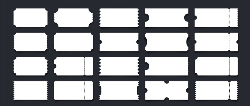 Ticket mockups. Paper coupons. White different ticket shapes template with rectangular, rounded, perforated edges for text, movie, concert, voucher, admission cards. Vector collection