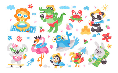 Summer animals. Cute cartoon tropical animal on vacation. Funny relaxing lion, crocodile in swimsuit, panda building sandcastles, koala in sunglasses. Vector adventure set