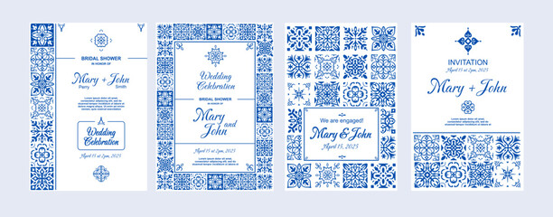 Azulejos invitation. Mediterranean tiles cards. Portuguese decorative texture elements for wedding invitations. Spanish blue and white party design template. Vacation vibe vector set