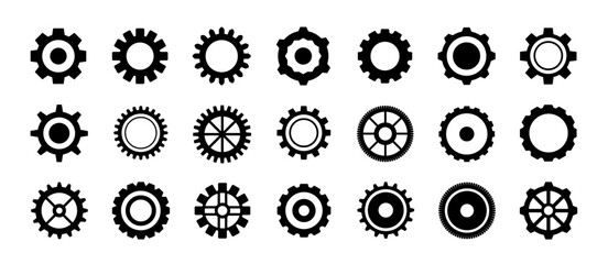 Gears. Simple mechanical cogwheel. Technology gears settings icon. Engineering, machinery wheel symbols. Circular or toothed shape objects. Simple cog. Flat steampunk style vector set