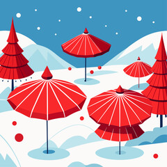 A group of red umbrellas are scattered across a snowy landscape. The umbrellas are placed in various positions, some are standing upright while others are leaning against trees