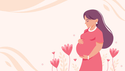 Pregnancy and motherhood. Concept banner with beauty pregnant woman hugging her belly with love. Poster with young woman and flowers, leaves. Vector illustration