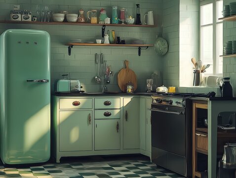 A charming retro kitchen features a mint green refrigerator, matching cabinets, checkered floors, and vintage appliances. Cozy and nostalgic.