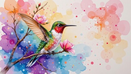 Colorful Hummingbird Perched on Branch with Flowers and Abstract Background