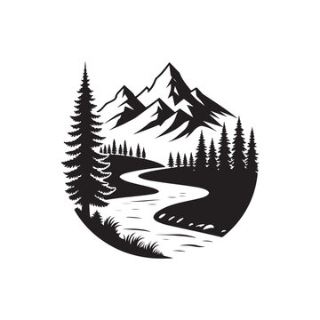river mountain vector silhouette line art logo idea