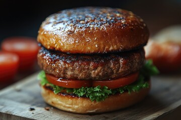 A delicious looking burger displayed on a wooden surface
