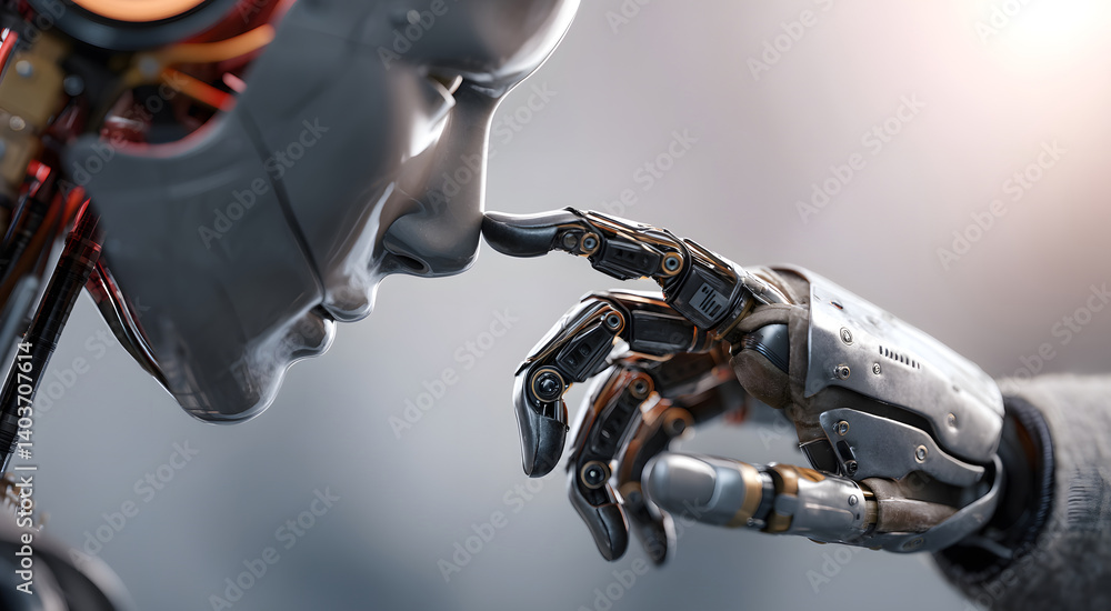 Poster a humanoid robot with intricate metallic features gazes forward, its metallic hand delicately touchi