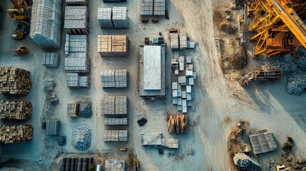 Aerial view of an industrial construction site with materials.