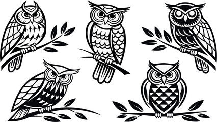 Tribal Owl Vector Illustrations – Black and White Tattoo Style Drawings .eps