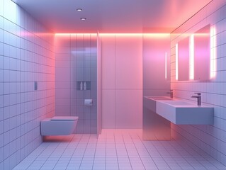 Illuminated modern bathroom featuring tiled walls and floor, floating toilet, and sleek vanity with integrated lighting. Modern design.