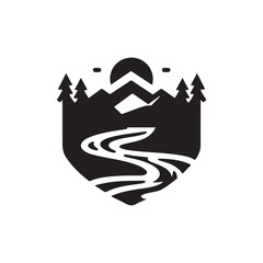 river mountain vector silhouette line art logo idea