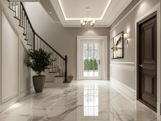 Elegant Foyer: Marble floors, grand staircase, and decorative lighting in a welcoming entrance, blending classic design with modern style.
