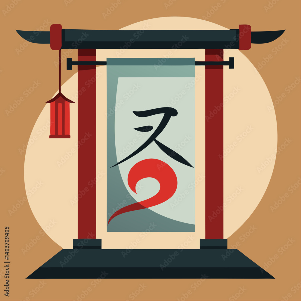 Poster a sign with chinese characters on it hangs in front of a building. the sign is red and green and has