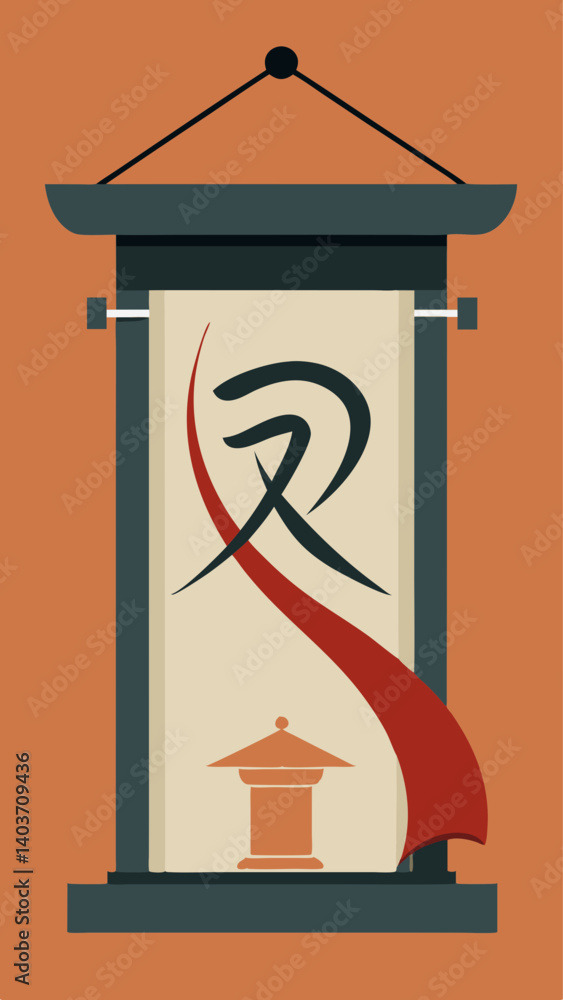 Poster a sign with chinese characters on it hangs in front of a building. the sign is red and green and has