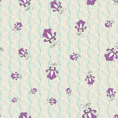 seamless repeat pattern with beautiful purple floral motifs on a teal color textured background perfect for fabric, scrap booking, wallpaper, gift wrap projects