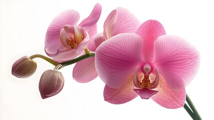 Obraz premium Beautiful orchids showcasing delicate pink petals in natural light with green stems, creating a serene atmosphere in a floral arrangement at home